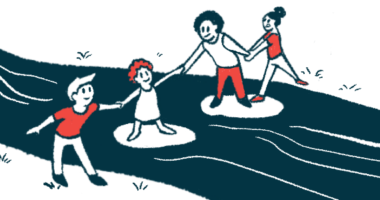 An illustration of a family holding hands crossing as stream.