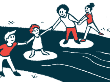 An illustration of a family holding hands crossing as stream.