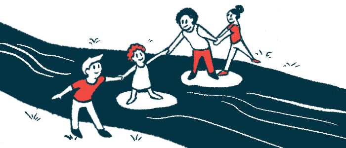 An illustration of a family holding hands crossing as stream.