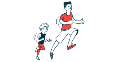 An adult and child are seen running together.