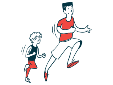 An adult and child are seen running together.