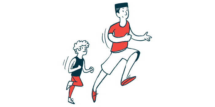 An adult and child are seen running together.