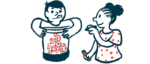 An illustration shows a child drawing intestines on another child's stomach.