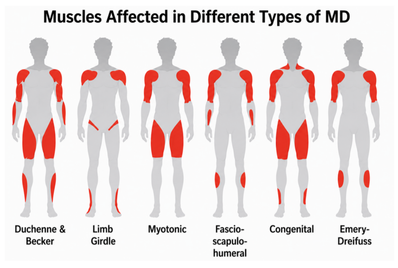 Muscles affected in different types of MD