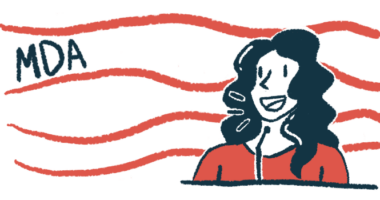 An illustration of a woman speaking at a microphone with MDA over to the right in the background.