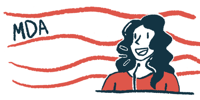 An illustration of a woman speaking at a microphone with MDA over to the right in the background.