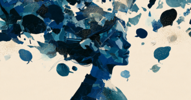 A graphic depicting mental health shows a woman with thought fragments swirling around her head.