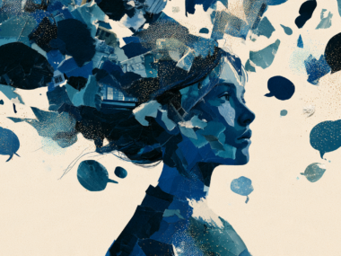 A graphic depicting mental health shows a woman with thought fragments swirling around her head.